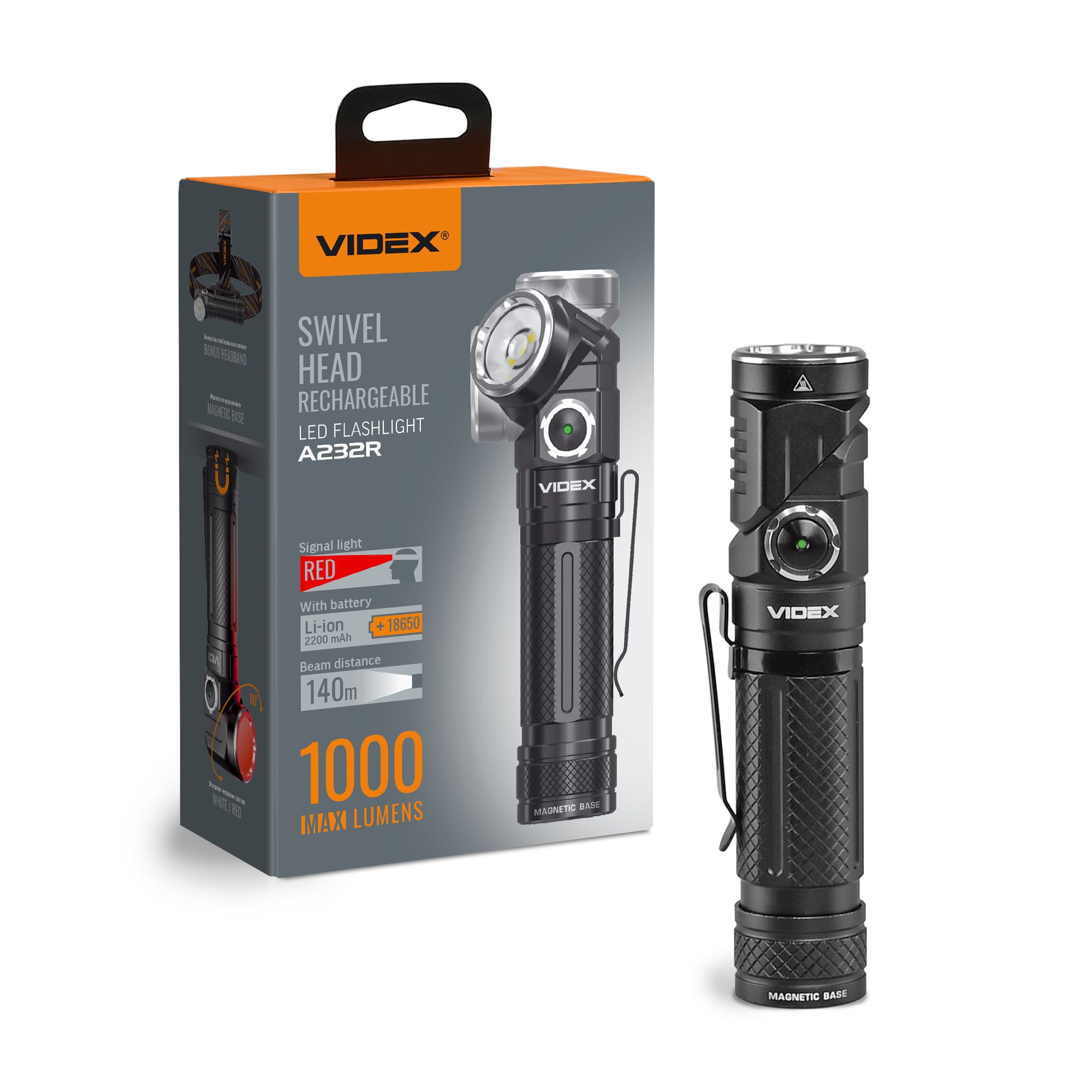 LED Portable Flashlight VIDEX VLF-A232R 1000Lm 5000K LED Portable Flashlight VIDEX VLF-A232R 1000Lm 5000K
